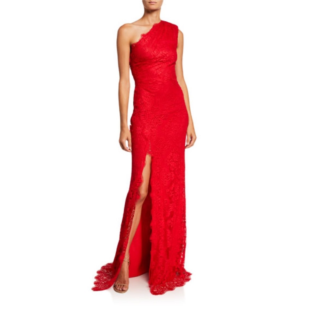 Monique Lhuillier chantilly lace one-shoulder gown